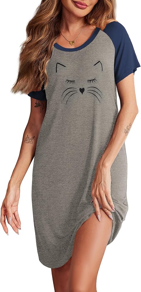 Ekouaer Womens Nightgown Short Sleeve Night Dress Printed Sleepwear Soft Sleep Shirt S-3XL