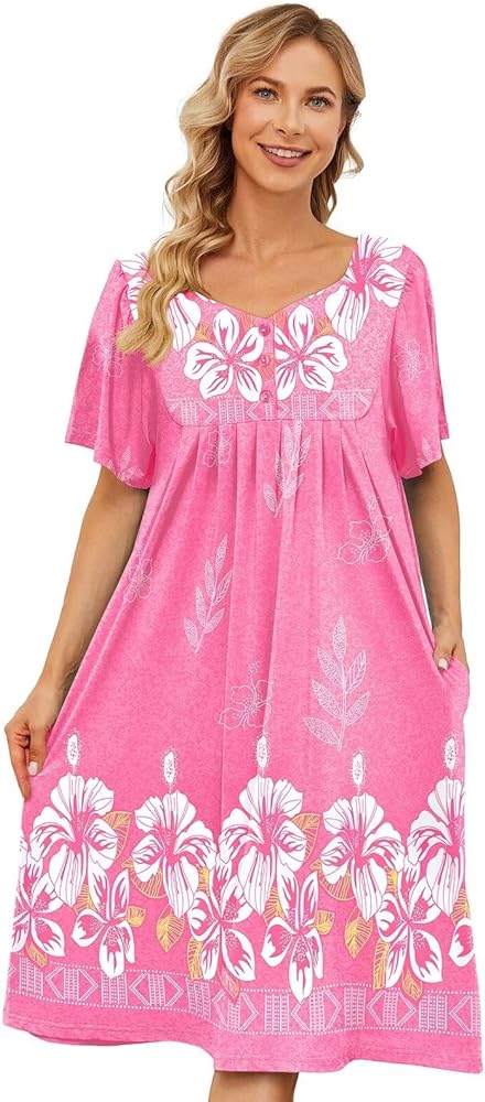 House Dresses for Women with Pockets Moo Moo Nightgown Short Sleeve Mumu Dress Lounge Dress S-3XL