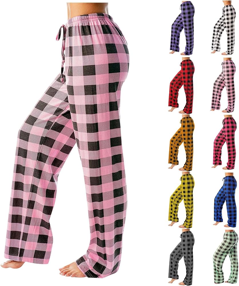 Pajamas Pants for Women 2024 Lounge Cute Plaid Pants Soft Comfy Wide Leg Trousers Sleep Bell Bottom