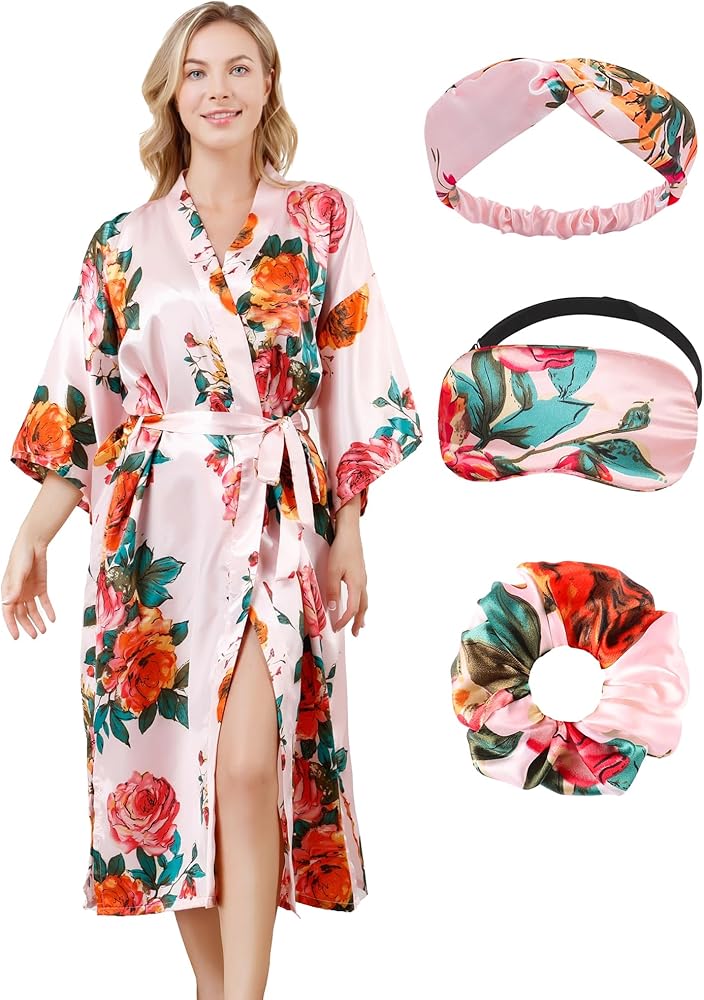 Womens Silky Robes Long Floral Kimono Robe for Wedding Bridal Party Soft Lounge Sleepwear