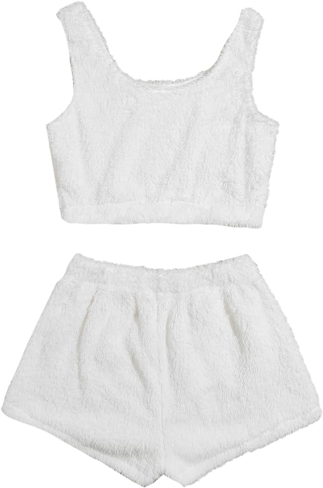 SweatyRocks Women's Fuzzy Pajamas Set Crop Tank Top With Shorts Loungewear