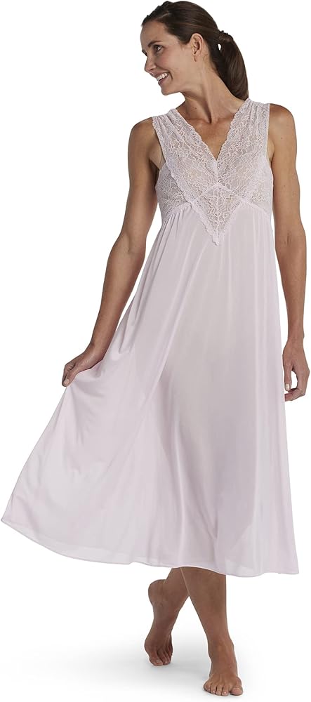 Miss Elaine Nightgown - Women's Silk Essence Long Gown, Sheer, Lace V-Neck, Sleepwear