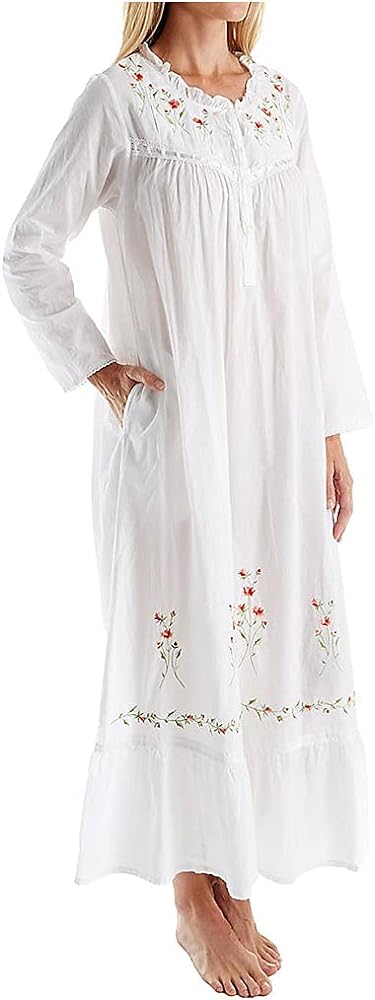 LA CERA Women's Rosebuds Nightgown, Long Sleeves White with Embroidered Roses