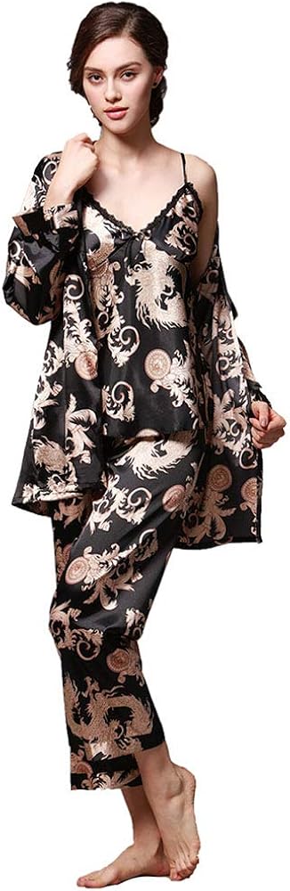 Men's Long Sleeve Satin Kimono Robe Dragon Lightweight Bathrobe Pajamas