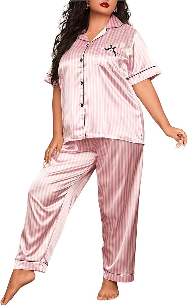 WDIRARA Women's Plus Size Sleepwear Striped 2 Piece Satin Pajama Set Short Sleeve Loungewear