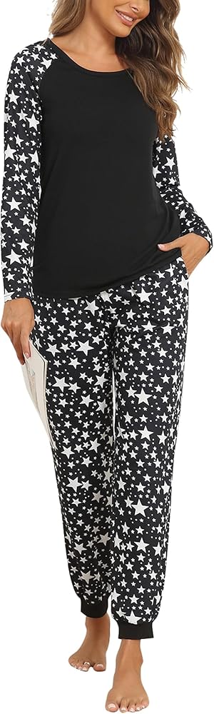 KOJOOIN Womens Pajama Set Long Sleeve Sleepwear Star Print Nightwear Soft Pjs Lounge Sets With Pockets