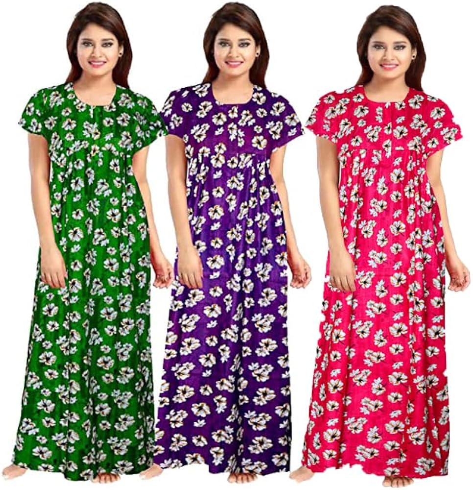 100% Pure Cotton Nighty For Women's Ankle Length Maxi Nighty Soft Fabric Nightgown,Sleepwear comfortable for women (Pack Of- 3) Multi