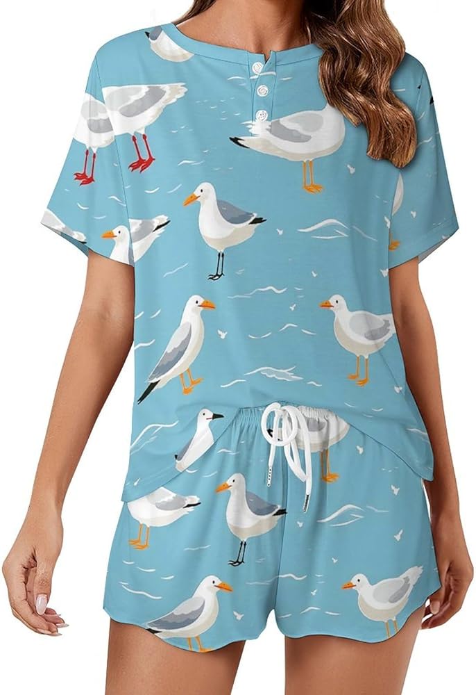 Cute Seagull Women's Pajama Set Short Sleeve And Shorts Sleepwear 2 Piece Casual Sweatsuits Loungewear Sets