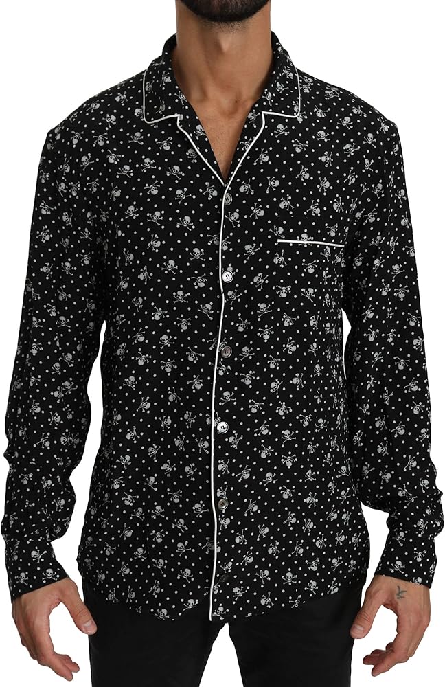 Dolce & Gabbana Black Skull Print Silk Sleepwear Shirt