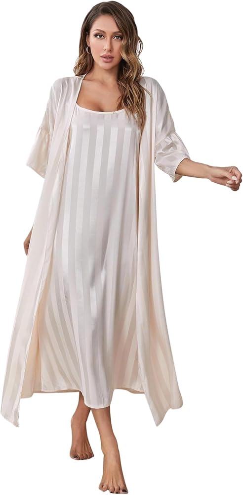 Zelax Women's Satin Stripe Robes Set with Nightgown Kimono Long Camisole Sleepwear Ruffle Sleeve Pajamas