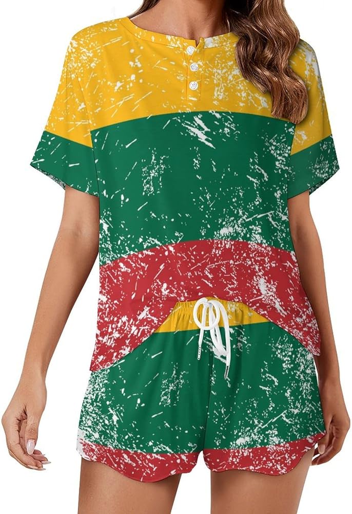 Lithuania Retro Flag Women's 2 Piece Pajamas Short Sleeve Shorts Sleepwear Set Causal Loungewear Home Suit 4XL