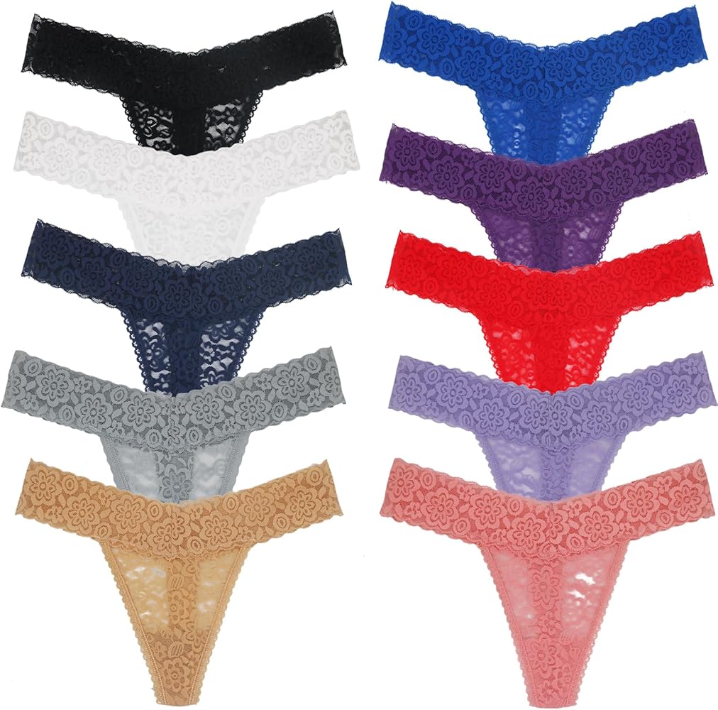 Women's Lace Thongs, T Back Low Waist Panties Sexy Seamless V-Shape Design Lace Thongs for Women Multipack