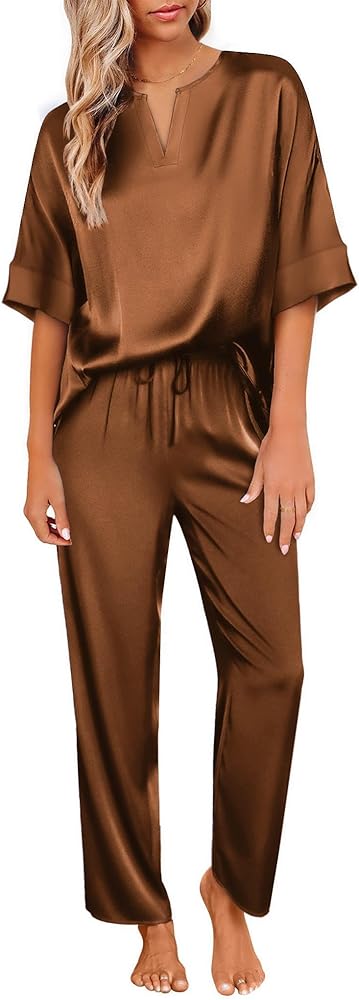 Ekouaer Satin Pajama Set Womens Silk Short Sleeve V Neck Shirt with Long Pant Soft Loungewear Pjs Set