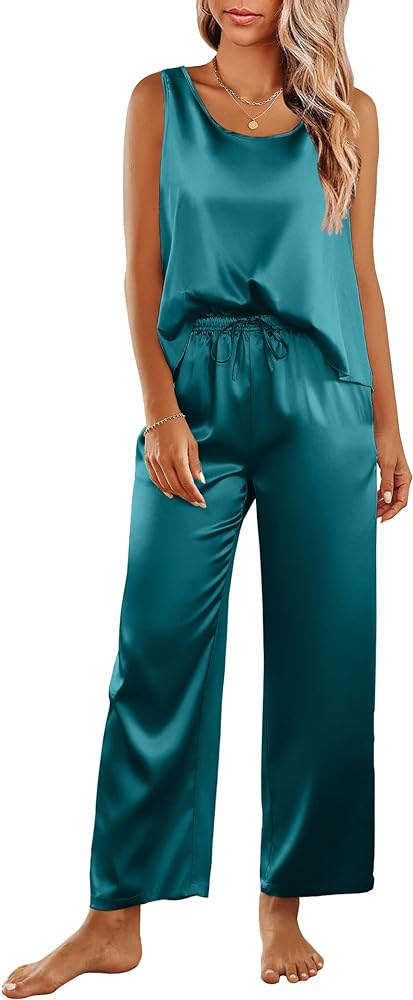 Ekouaer Womens Satin Pajamas Set Back Split Top and Long Pant Silk Pj Set Tank Sleepwear S-XXL