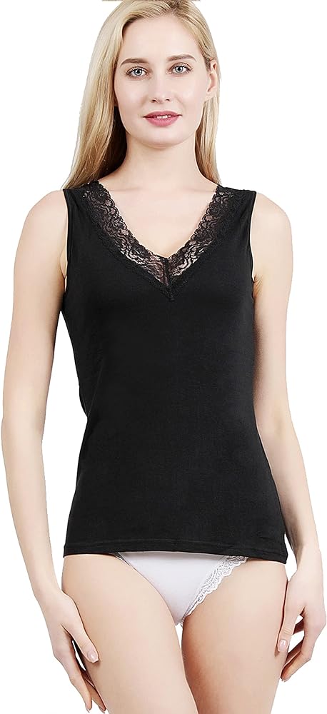 Womens Tank Top Camisoles with Premium Cotton Italian Design - Trimmed with Flower Lace on Neckline