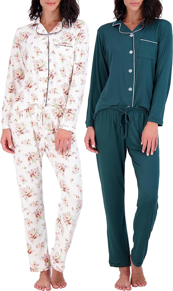 Real Essentials 4 Piece: Womens Long & Short Sleeve Button Down Pajama Set - Ultra Soft (Available In Plus Size)