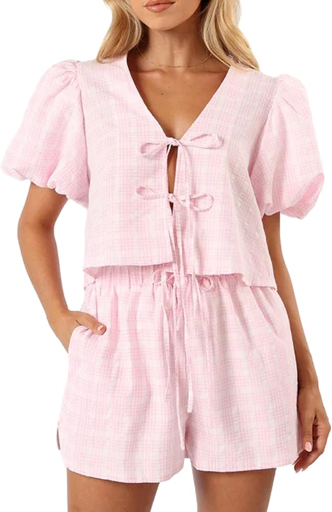 KMBANGI Women Tie Front 2 Piece Pajama Gingham Lounge Set Short Sleeve Babydoll Shirt Blouse Plaid Boxer Shorts Matching Pj