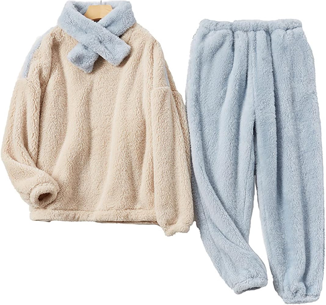 Women's Fluffy Coral Fleece Pajamas Set Oversize Thicken Pullover Loungewear Long Sleeve Plush Sleepwear