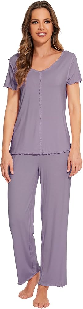 WiWi Viscose from Bamboo Pajamas for Women Soft Short Sleeve Pajama Set with Pants Pjs Lightweight Loungewear S-XXL