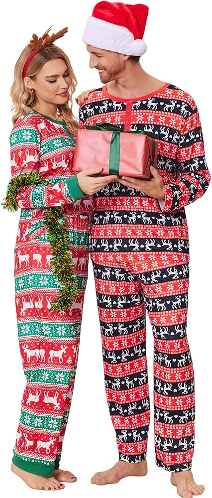 Ekouaer Couples Matching Chritsmas Pajamas Long Sleeve PJ Set Women and Men Holiday Sleepwear Cotton Jammies Print Tops and Pants