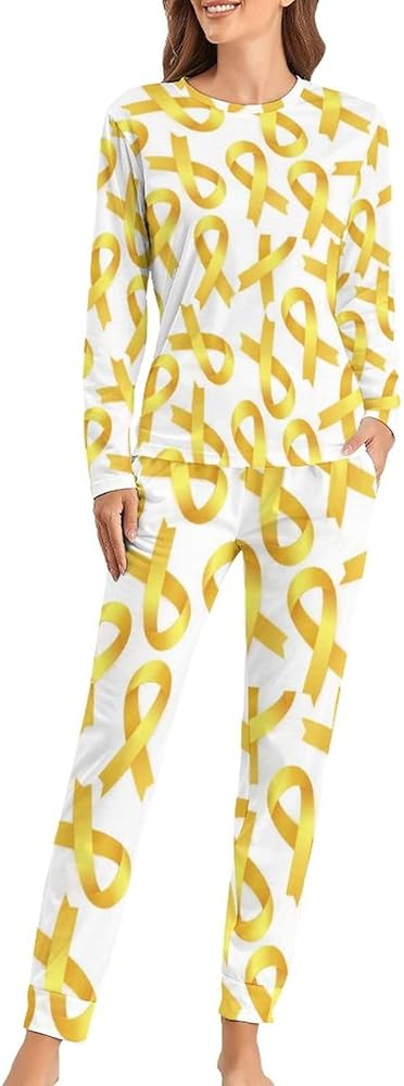 Gold Ribbon to Childhood Cancer Awareness Women's Pajama Set Long Sleeve Top with Long Pants Sleepwear Nightwear