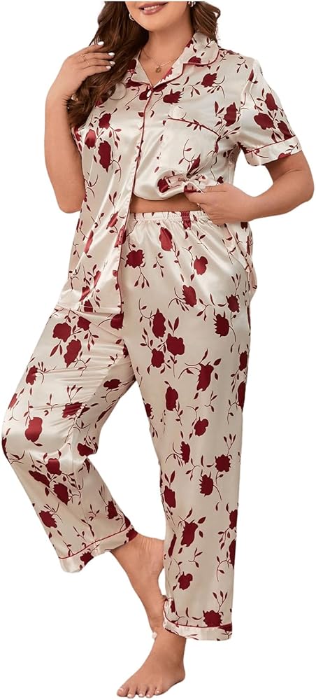 OYOANGLE Women's Plus Size Satin Pajama Set Silky Short Sleeve Button Down Tops and Pants Sleepwear Loungewear