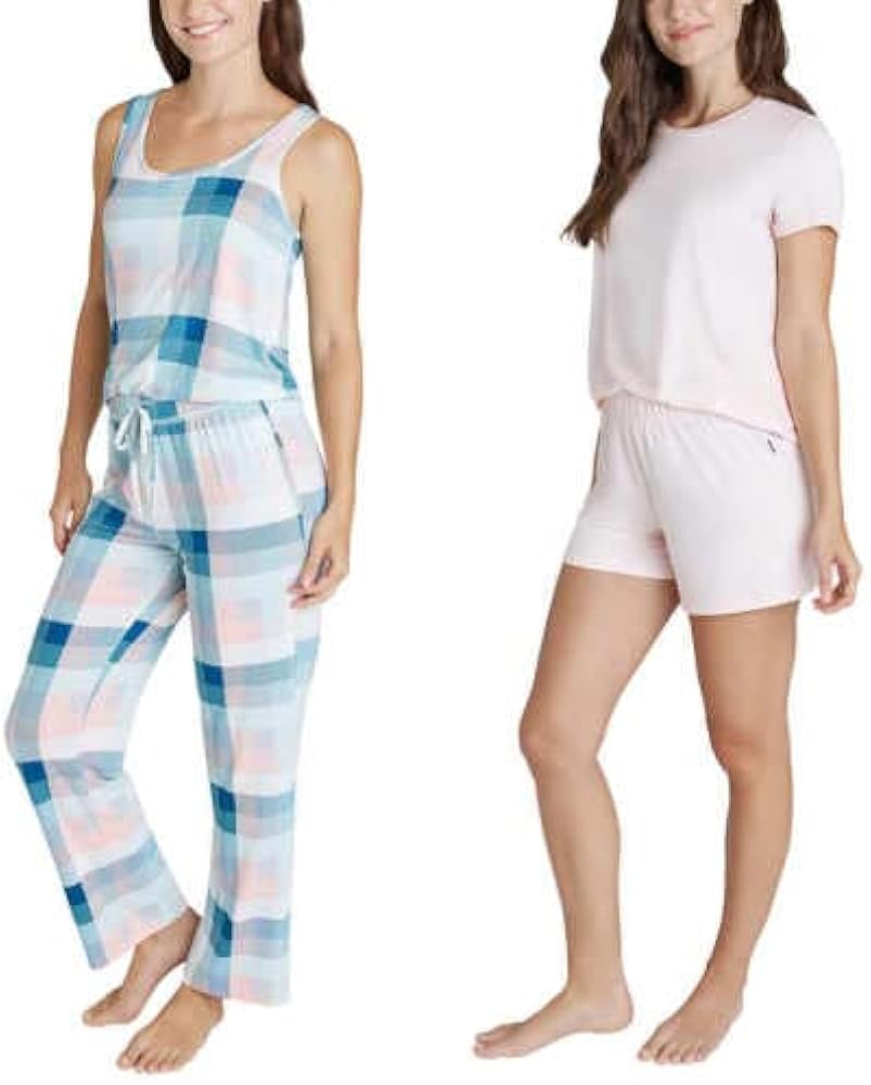 Eddie Bauer Women's 4-Piece Sleep Set, Tank, Tee, Short, Pant (X-Large, Teal Squares)