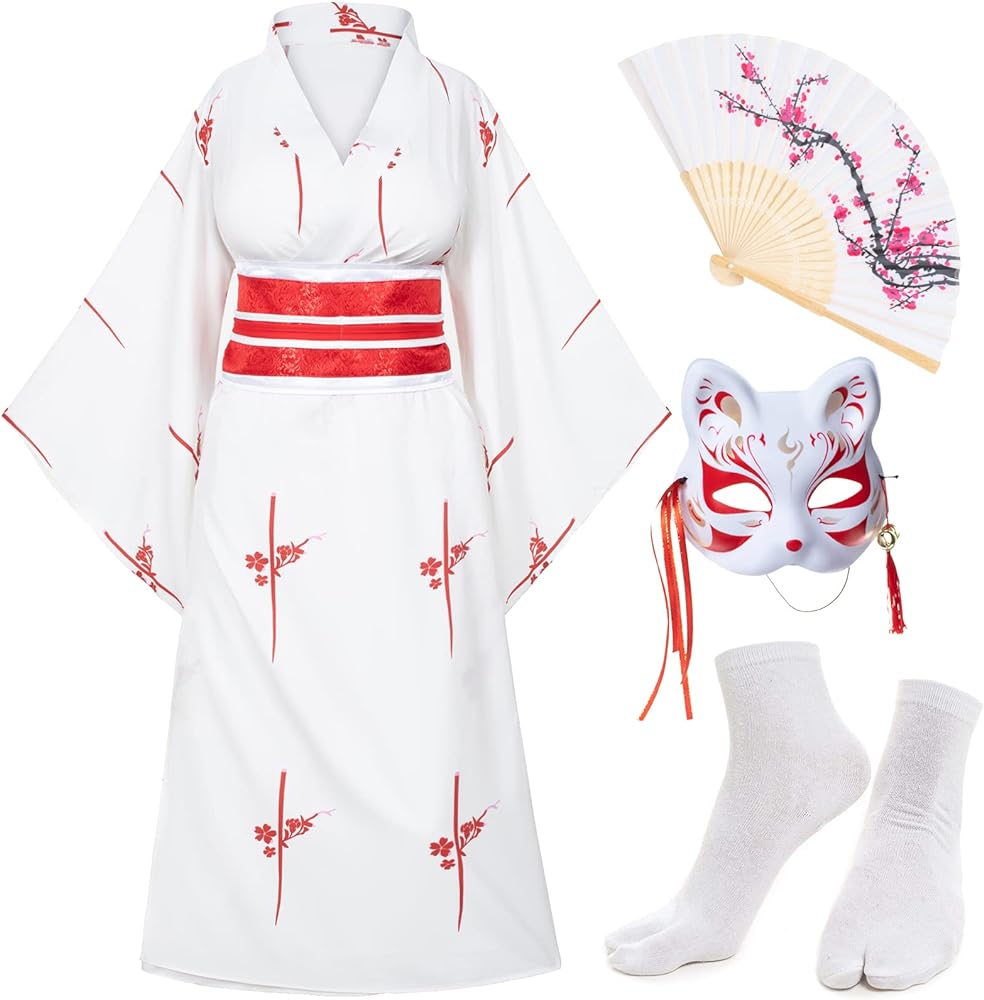 Japanese Anime Women's Kimono Robe Geisha Yukata Sweet Dress Blossom Satin Bathrobe Sleepwear Fans Tabi Socks Set White Sakura