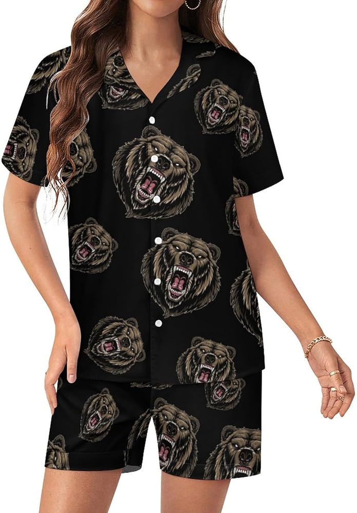 Ferocious Grizzly Bear Womens Silk Satin Pajamas Set Short Sleeve Button-Down Sleepwear Loungewear Pj Set