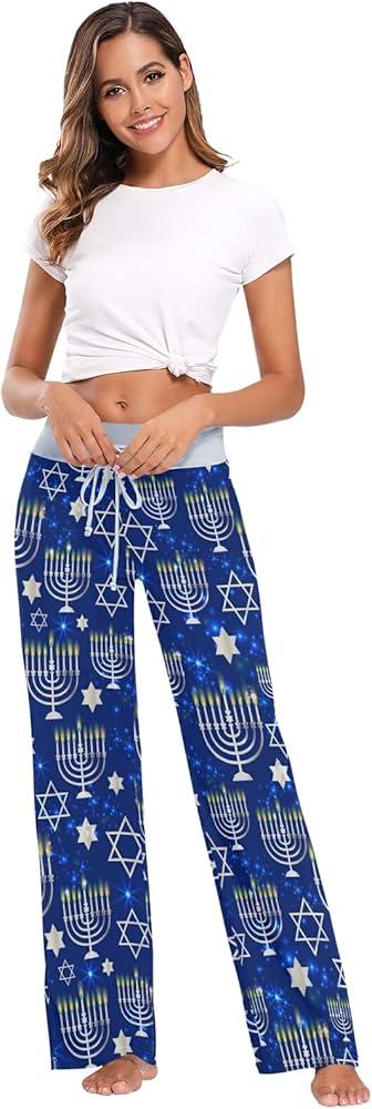 Women's Happy Hanukkah Pajama Pants Sleepwear Loose Lounge Pants Wide Leg Drawstring Pajama Bottoms