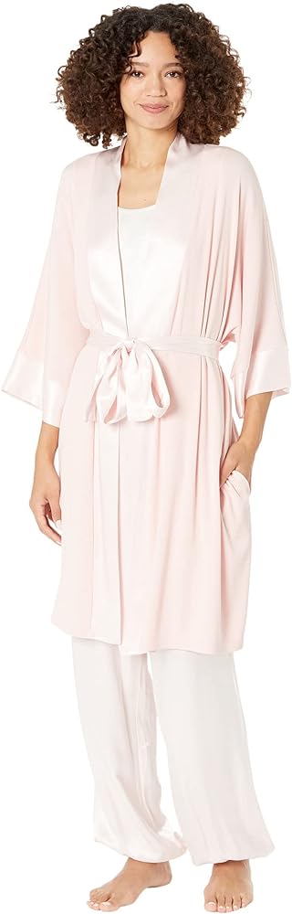 PJ Harlow Womens Shala-rib Knit Camono Robe With Satin Belt and Trim