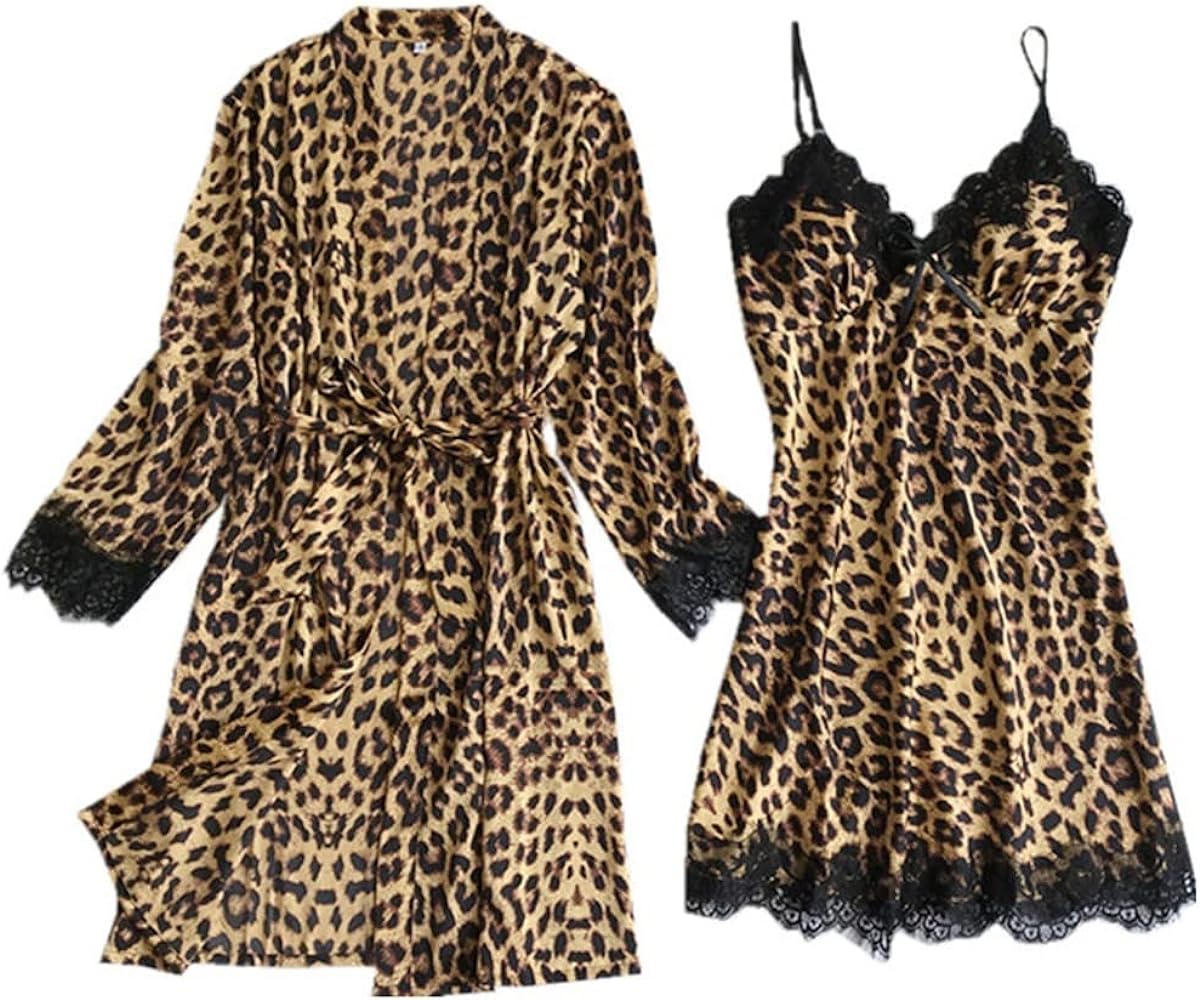 Lingerie for Women Sexy Leopard Print Silk Satin Pajamas Cardigan for Sex Naughty Ladies Lace Trim Nightdress Robes Sleepwear