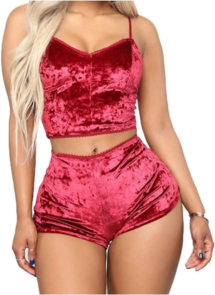 Women Sexy Lingerie Babydoll Strappy Velvet Pajama Set 2 Piece Sleepwear Camisole with Shorts Outfit