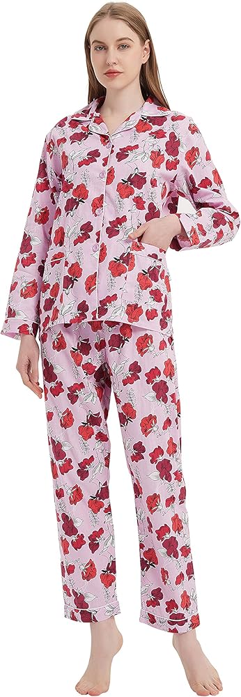 GLOBAL Flannel Pajamas for Women 2-Piece Comfy and Cozy Flannel Pj Set Cotton Loungwear