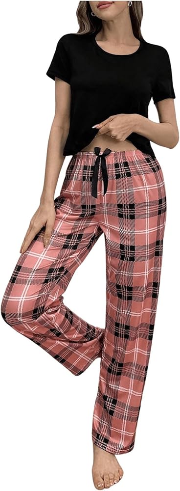 Floerns Women's Cartoon Print Short Sleeve Top with Long Pants Two Piece Pajama Sets