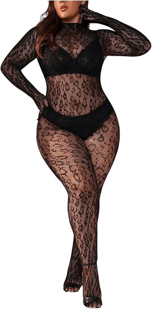 Floerns Women's Plus Size Leopard Print Long Sleeve Mesh Sheer Backless Lingerie Bodysuit