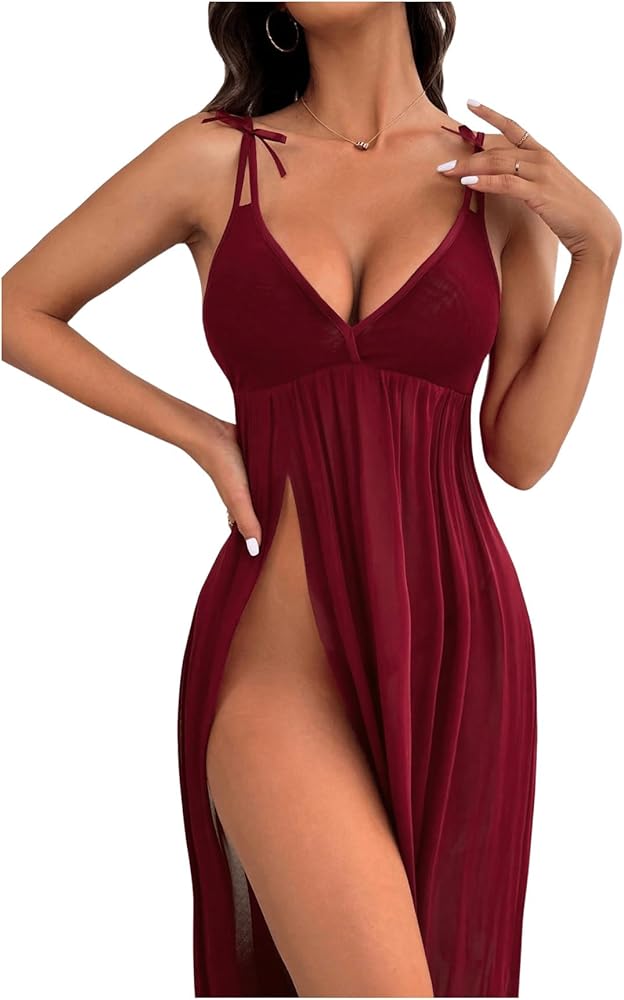 SOLY HUX Women's Sexy Split Thigh Mesh Slip Chemise Nightgown Sleeveless V Neck Babydoll Nightdress Valentines Day Sleepwear