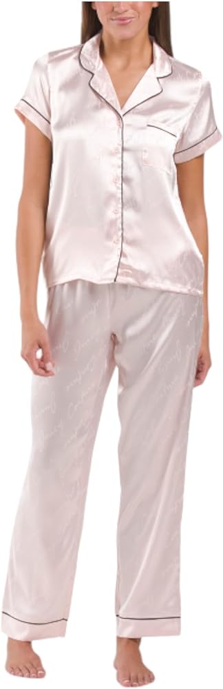 Juicy Couture Women’s Short Sleeve Button Down and Pants Satin Pajama Set