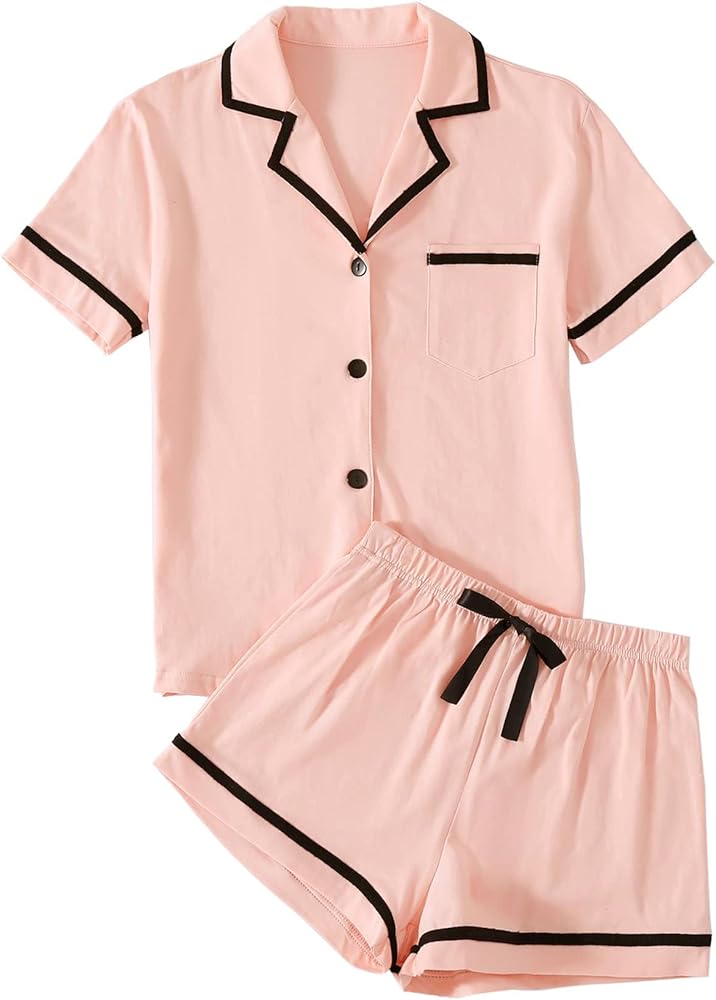 LYANER Women's Cotton Pajamas Set Button Short Sleeve Shirt with Shorts Set PJs Loungewear