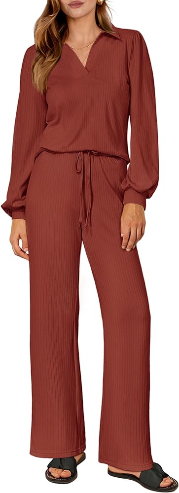 PRETTYGARDEN Womens Fall Clothes Two Piece Outfit Set Long Sleeve Lapel V Neck Tops Blouses Wide Leg Pants Ribbed Tracksuit