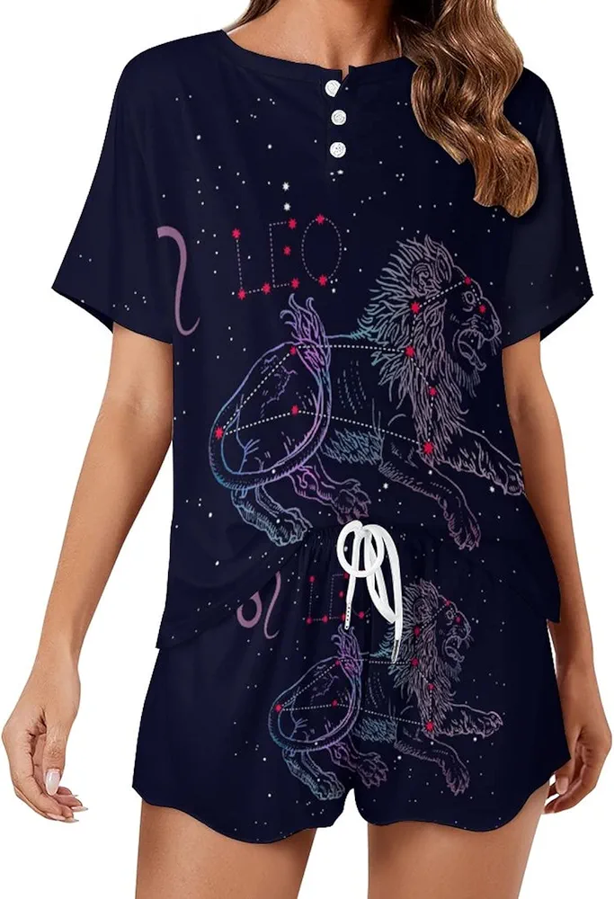 Leo Zodiac Sign and Constellation Women Pajamas 2 Piece PJ Sets Shorts and Top Sleepwear Loungewear with Pocket