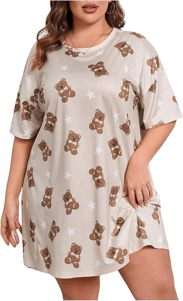 SOLY HUX Women's Plus Size Nightgown Cute Cartoon Print Half Sleeve Sleep Shirt Dress Sleepwear