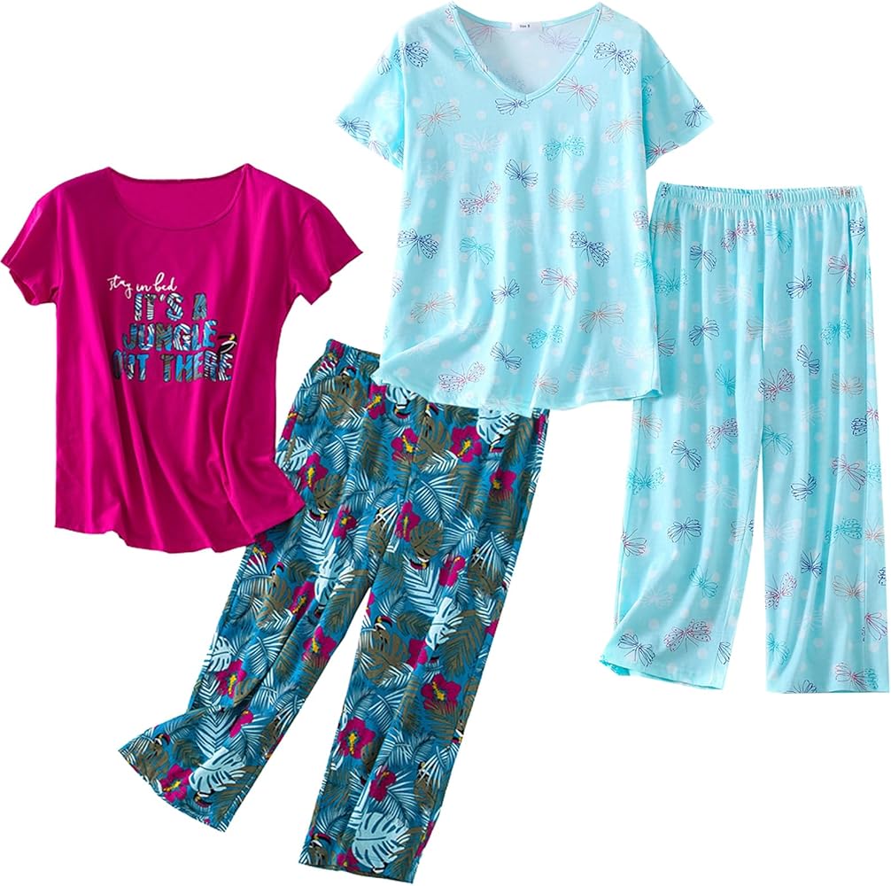 2 Pack Womens Plus Size Pajama Sets Cotton Pj Set Summer Top With Capri Pants Sleepwear Lounge Set