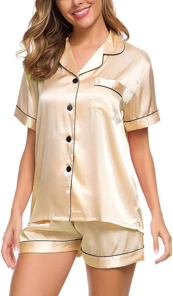 Womens Silk Satin Pajamas 2024 Spring Summer Short Sleeve Loungewear Two-Piece Sleepwear Button-Down Shorts Pj Set