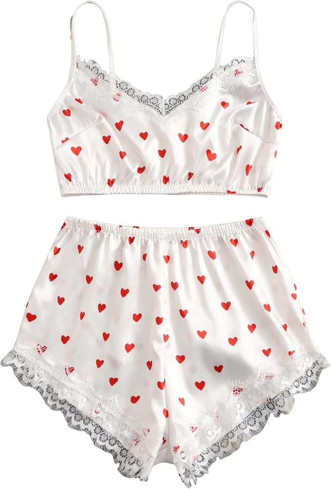 OYOANGLE Women's Heart Print 2 Piece Pajama Set Lace Trim V Neck Spaghetti Strap Crop Top and Short Set