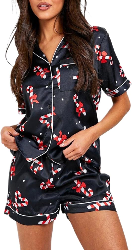 NUFIWI Women Christmas Pajama Shorts Sets Printed Santa Pjs Short Sleeve Shirt Short Pajama Pants Set Lounge 2Piece Sleepwear