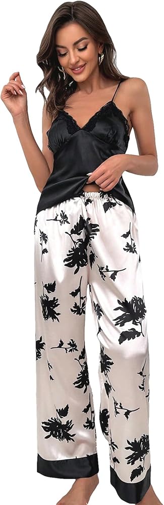 SHENHE Women's Satin Sleepwear Lace Trim V Neck Cami and Floral Pants 2 Piece Pajama Set