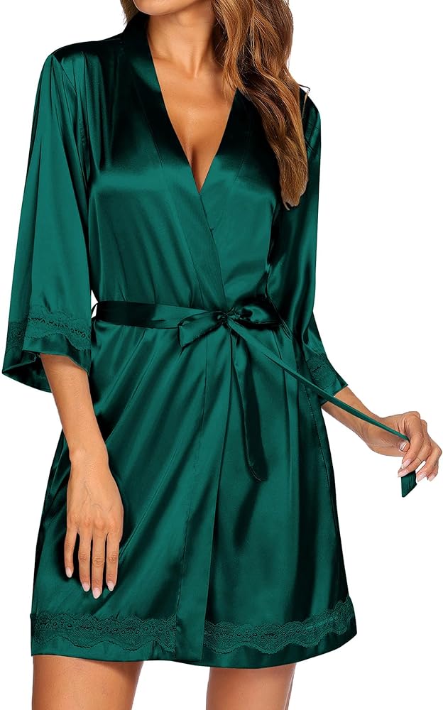 Ekouaer Silk Robes for Women Sexy Kimono Lingerie Bridesmaid Party 3/4 Sleeve Lace Bathrobe