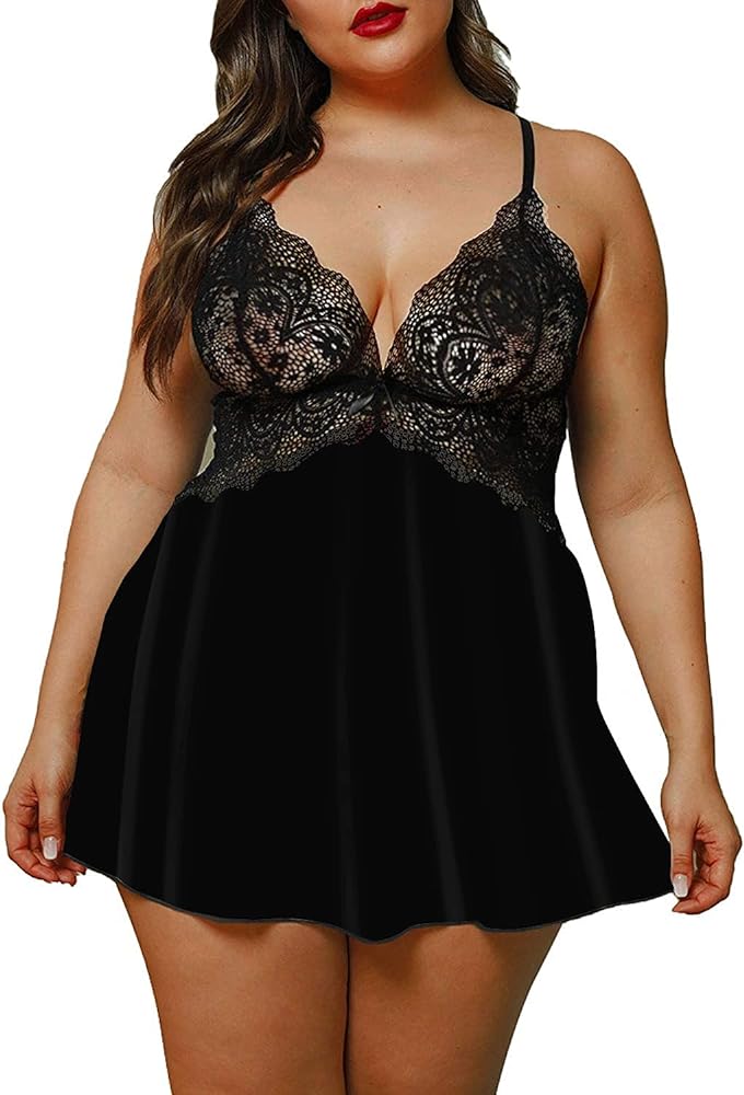 XAKALAKA Women Plus Size Lingerie Lace V Neck Babydoll Strap Chemise Sleepwear Nightie