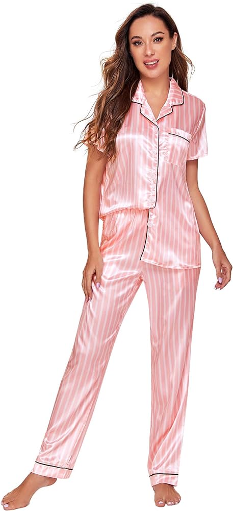 WDIRARA Women's Sleepwear Striped Satin Short Sleeve Shirt and Pants Pajama Set